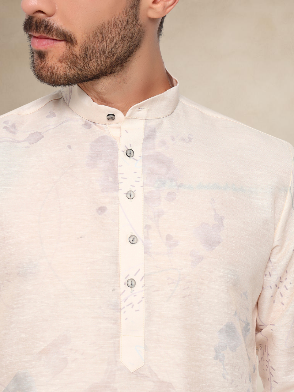 Pastel Pink Floral Printed Kurta Pyjama Set for Men