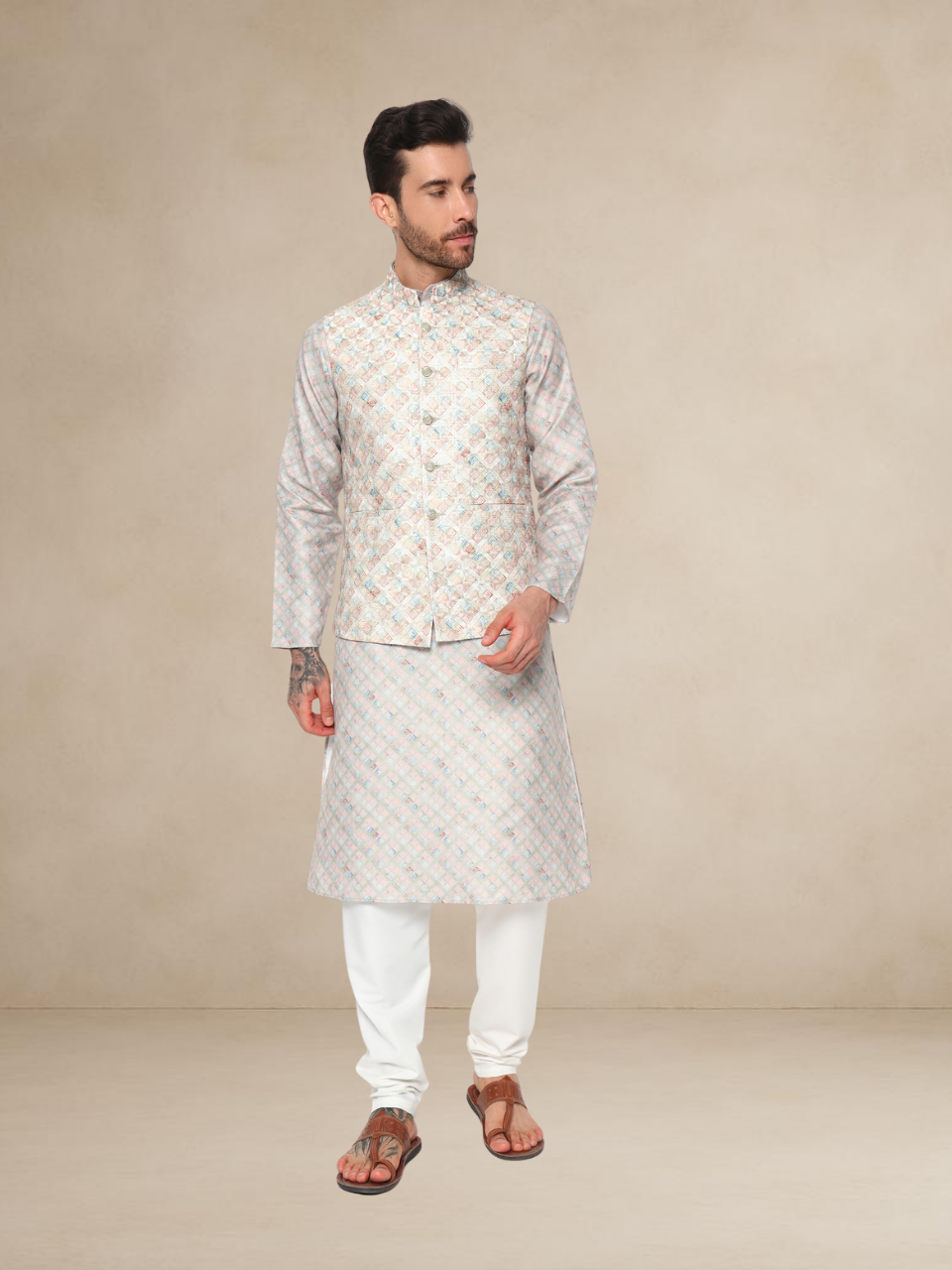 Sage Green Printed Kurta Pyjama with Nehru Jacket