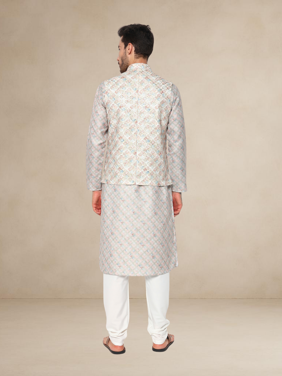 Sage Green Printed Kurta Pyjama with Nehru Jacket