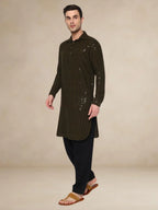 Olive Green Embroidered Pathani Suit
