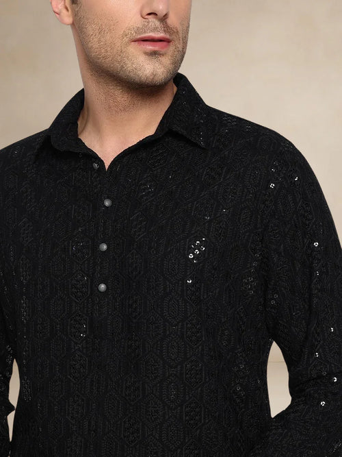 Midnight Majesty – Black Embroidered Pathani Suit