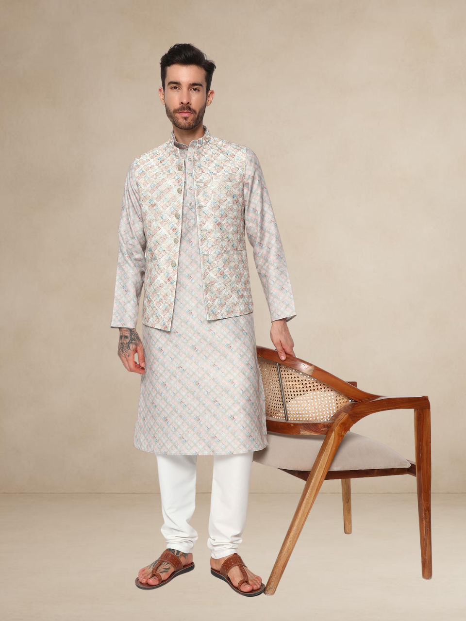 Sage Green Printed Kurta Pyjama with Nehru Jacket