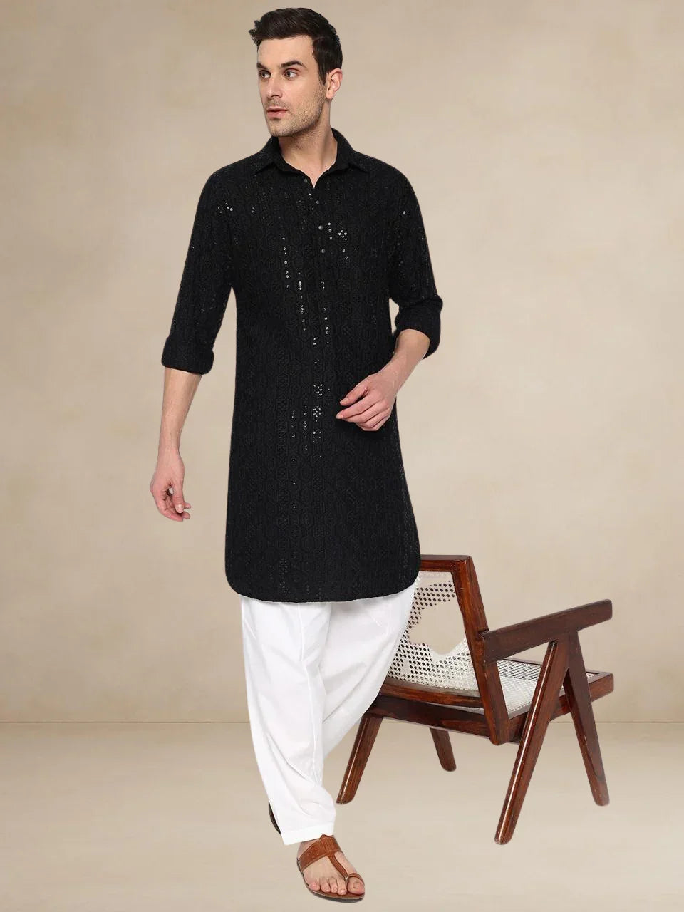 Midnight Majesty – Black Embroidered Pathani Suit