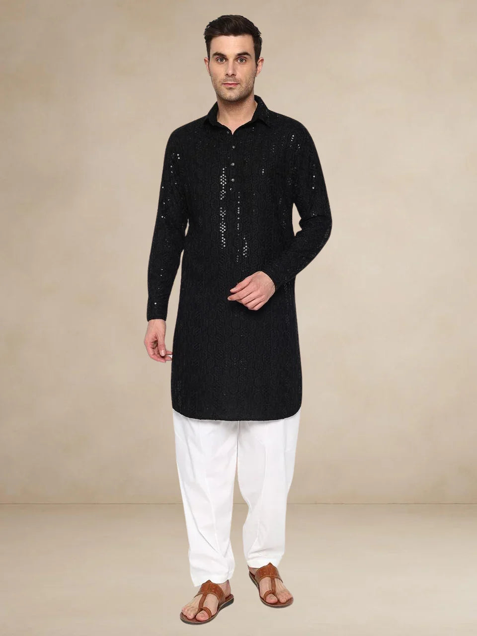 Midnight Majesty – Black Embroidered Pathani Suit