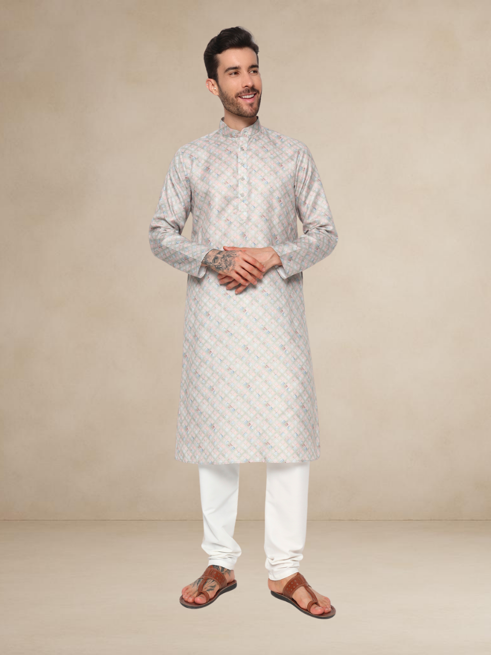 Sage Green Printed Kurta Pyjama with Nehru Jacket