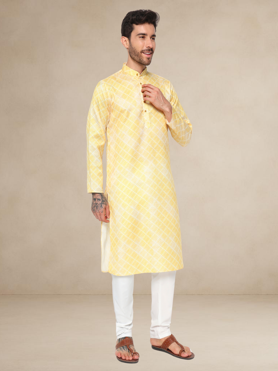 Printed Haldi Kurta Pyjama Set for Men Mustard 2XL