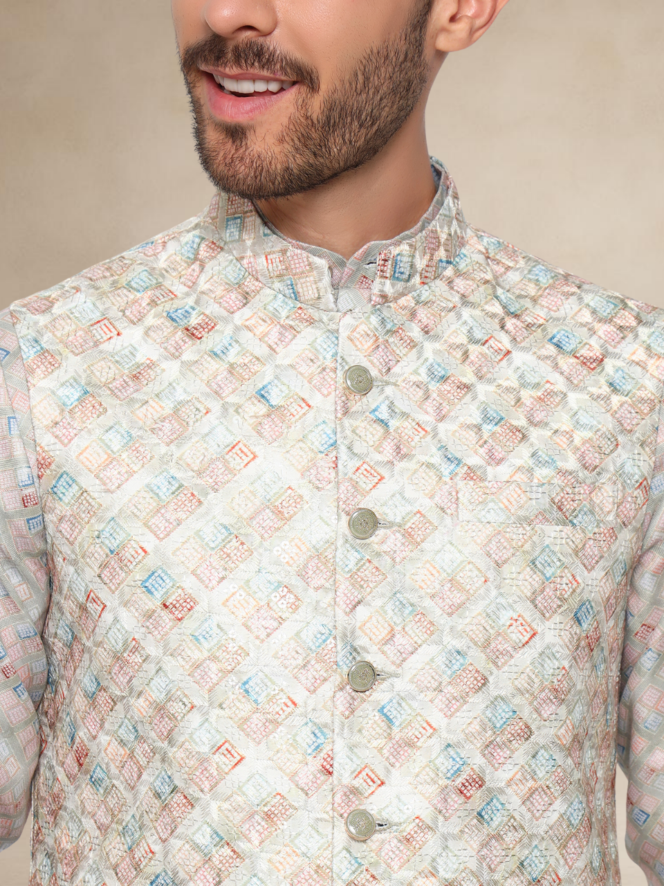 Sage Green Printed Kurta Pyjama with Nehru Jacket