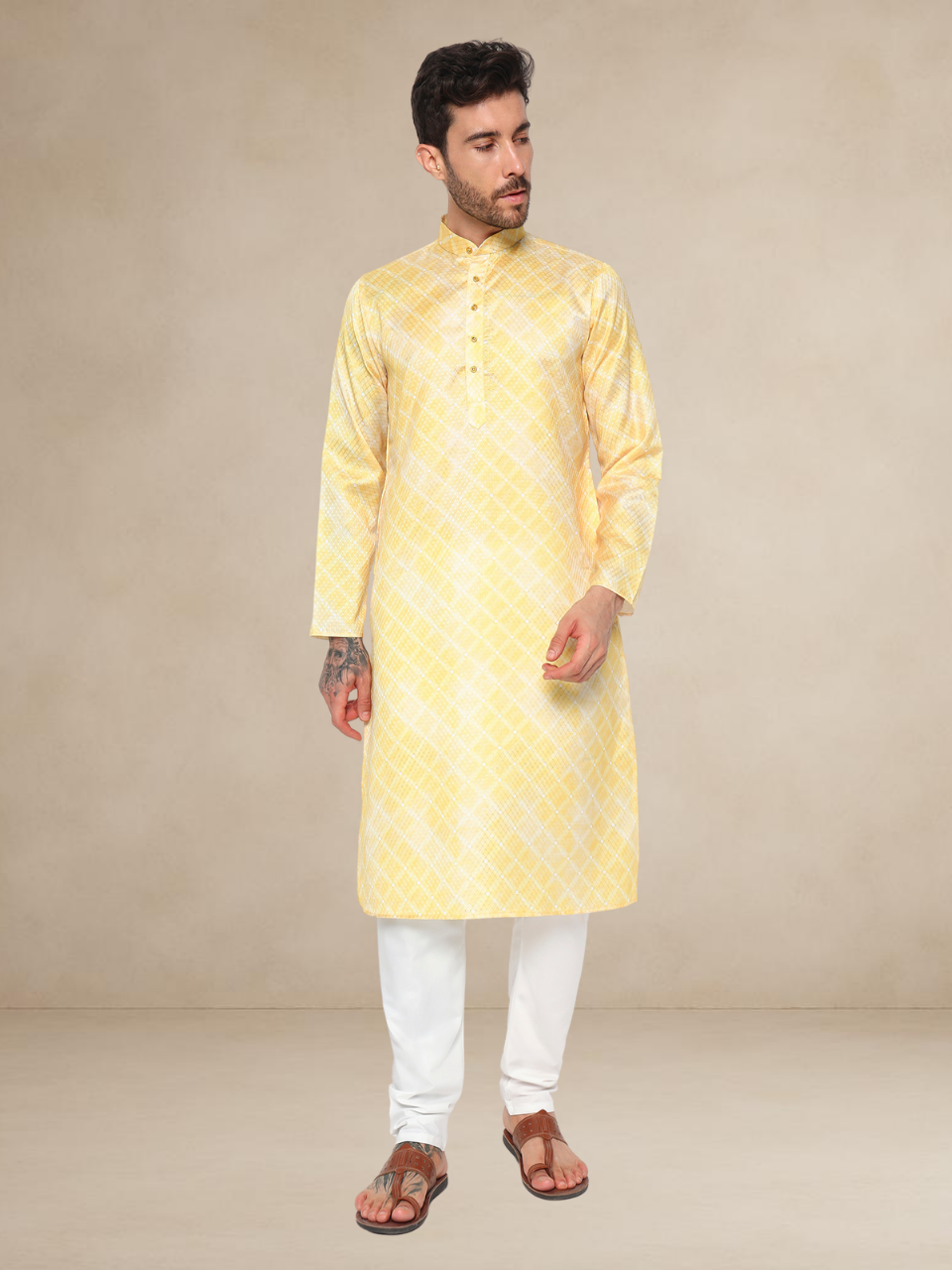 Printed Haldi Kurta Pyjama Set for Men Lemon Yellow
