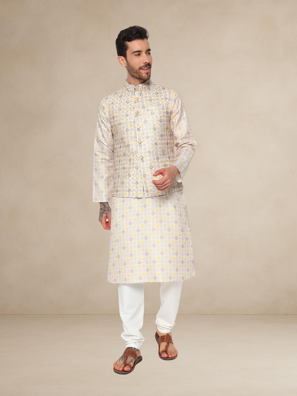 Mustard Printed Kurta Pyjama Set with Contrasting Nehru Jacket