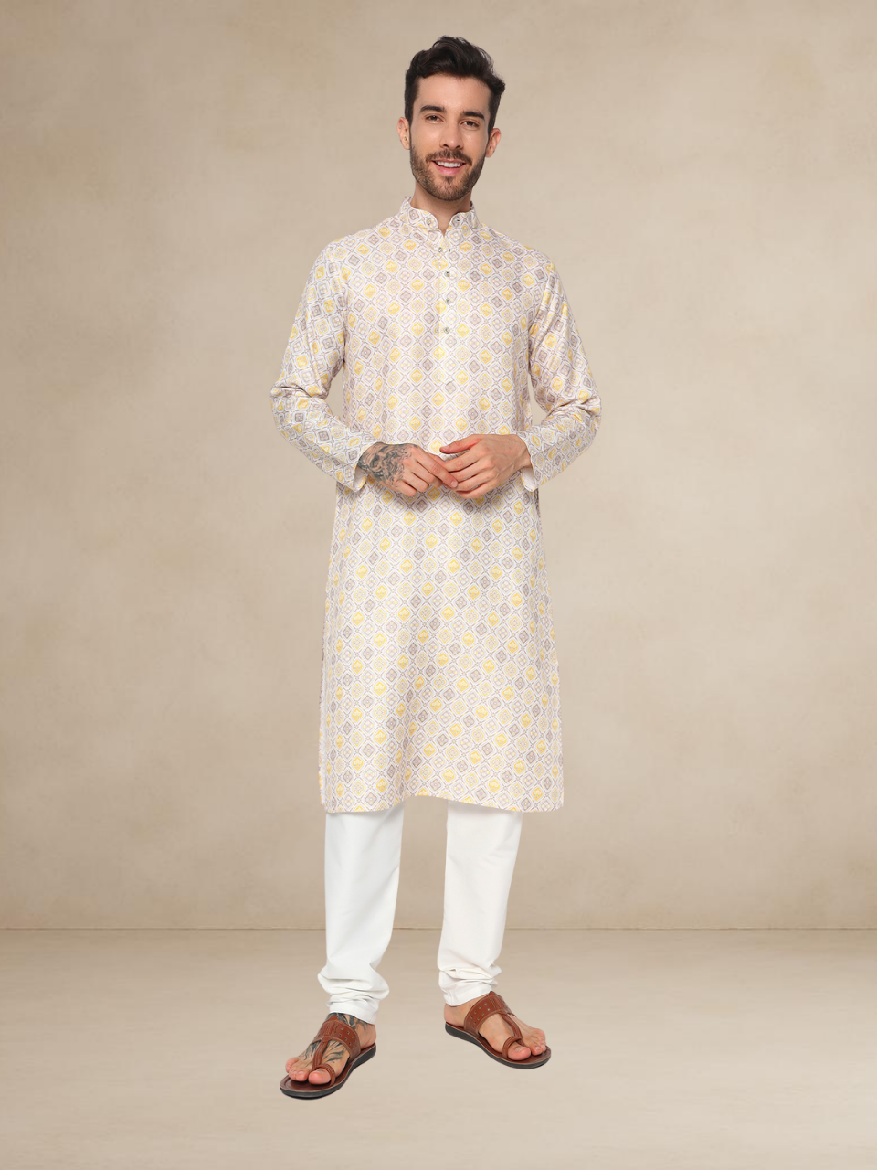 Mustard Printed Kurta Pyjama Set with Contrasting Nehru Jacket