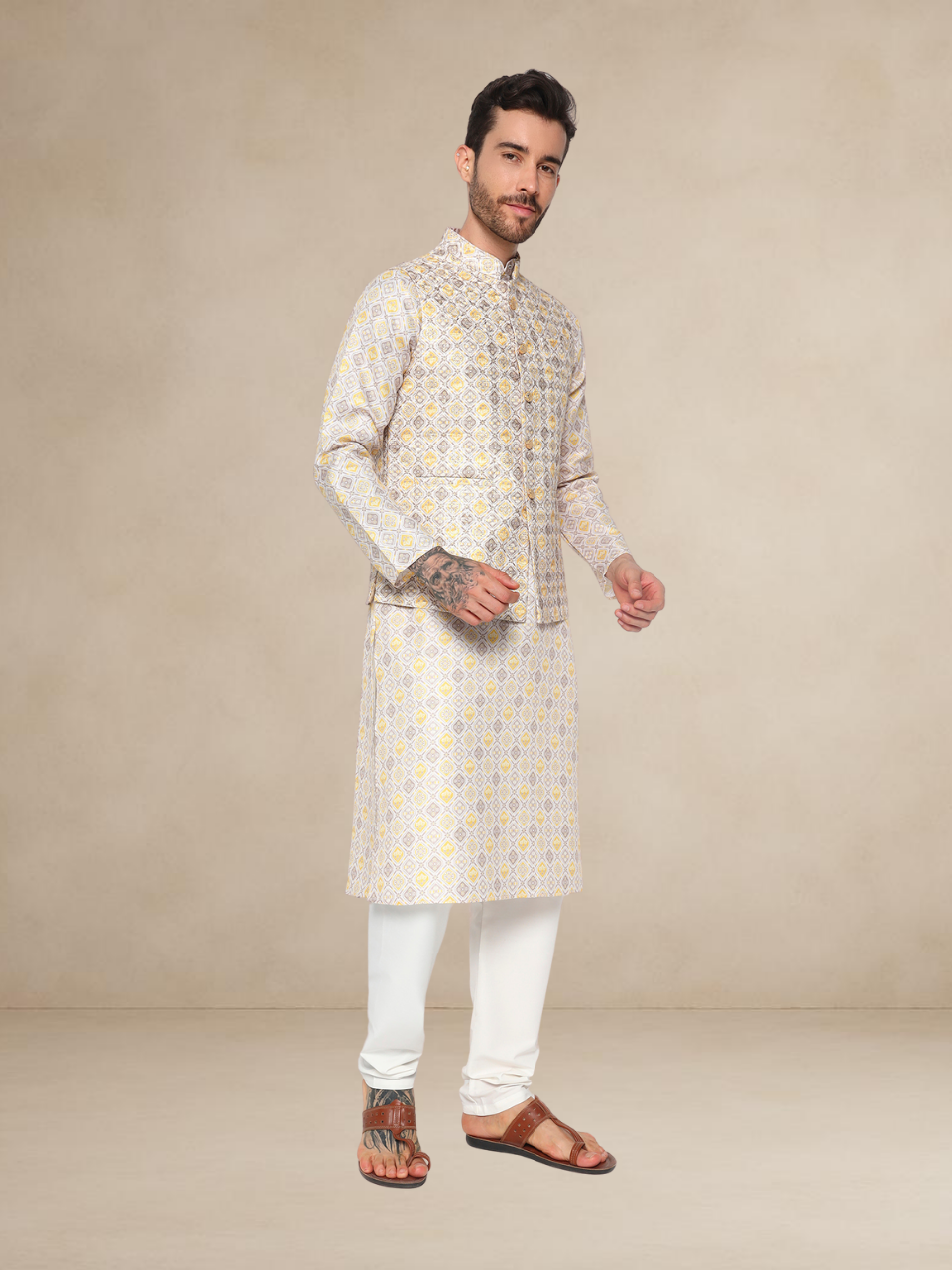 Mustard Printed Kurta Pyjama Set with Contrasting Nehru Jacket