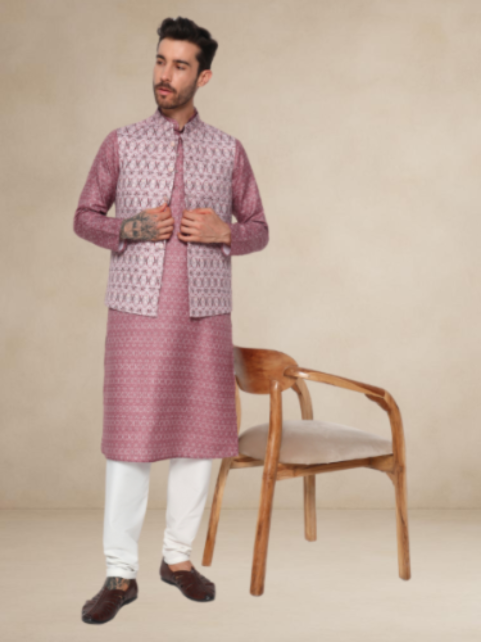 Wine Kurta Pyjama Set with Printed Nehru Jacket