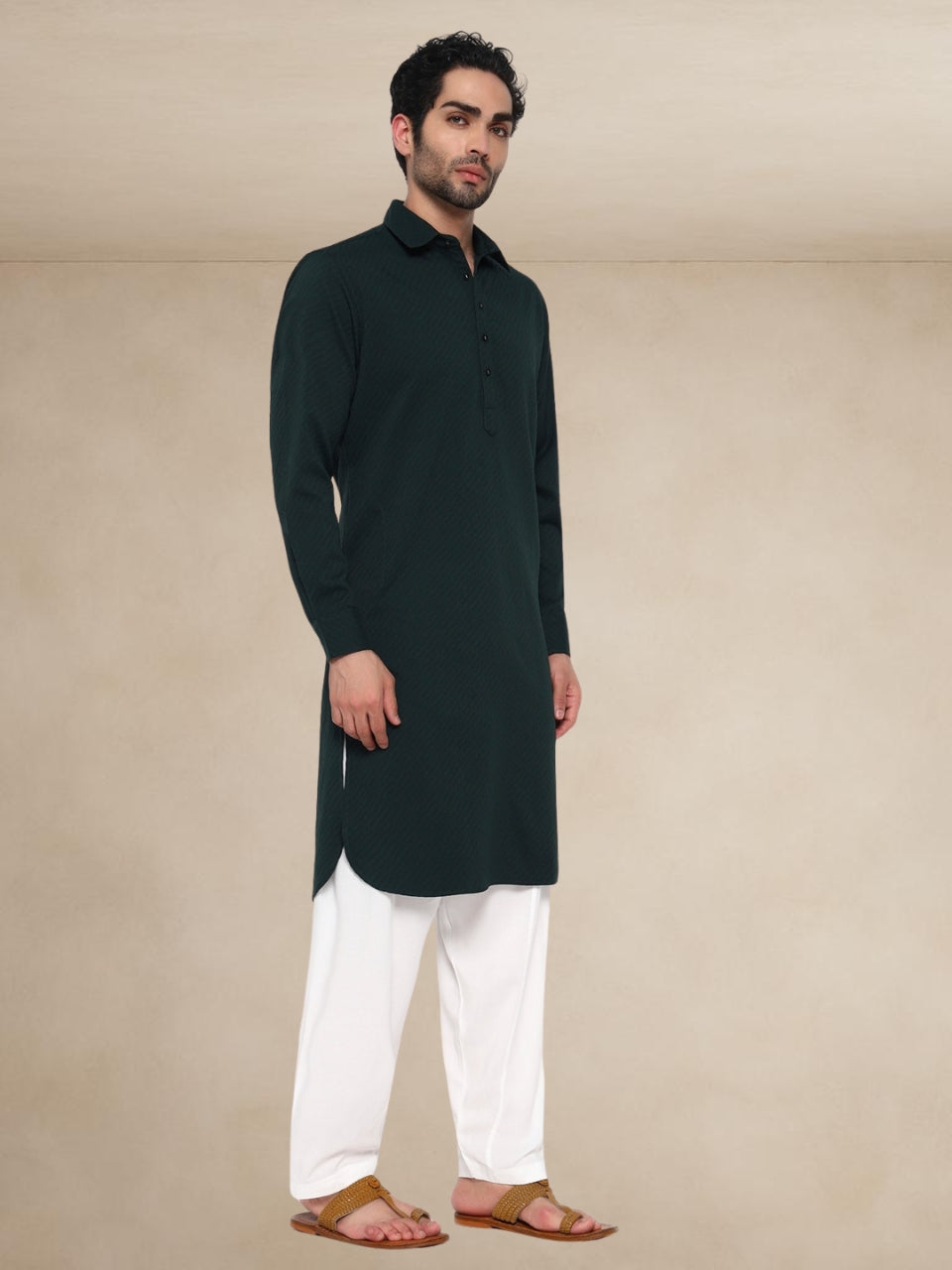 Dark Green Textured Button-Up Pathani Suit