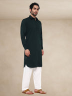 Dark Green Textured Button-Up Pathani Suit