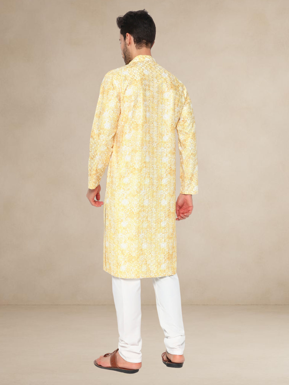 Printed Haldi Kurta Pyjama Set for Men Yellow