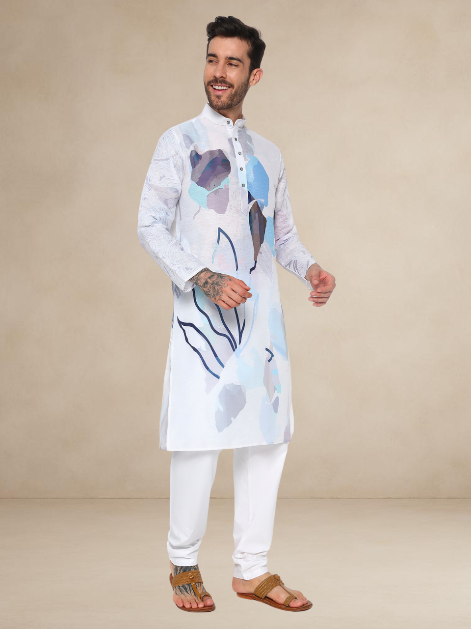 Printed Kurta Pyjama Set for Men Floral Design