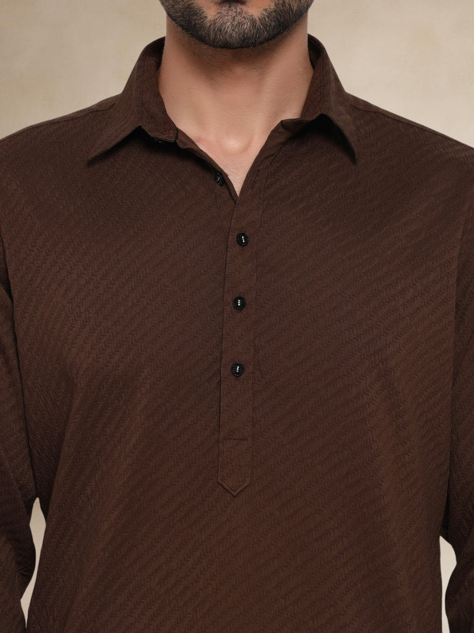 Brown Textured Button-Up Pathani Suit