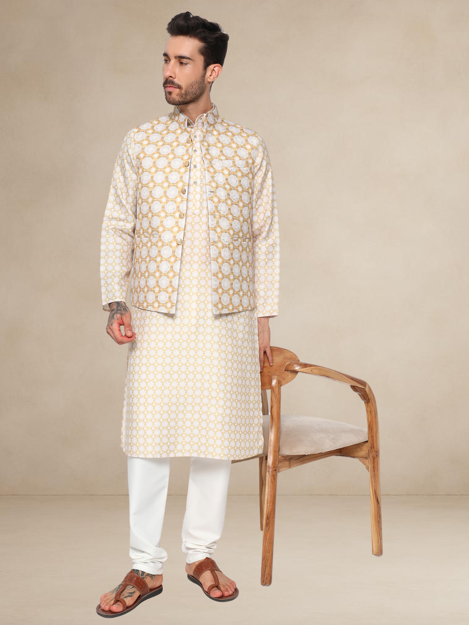 Ivory Gold Printed Kurta Pyjama Set with Nehru Jacket