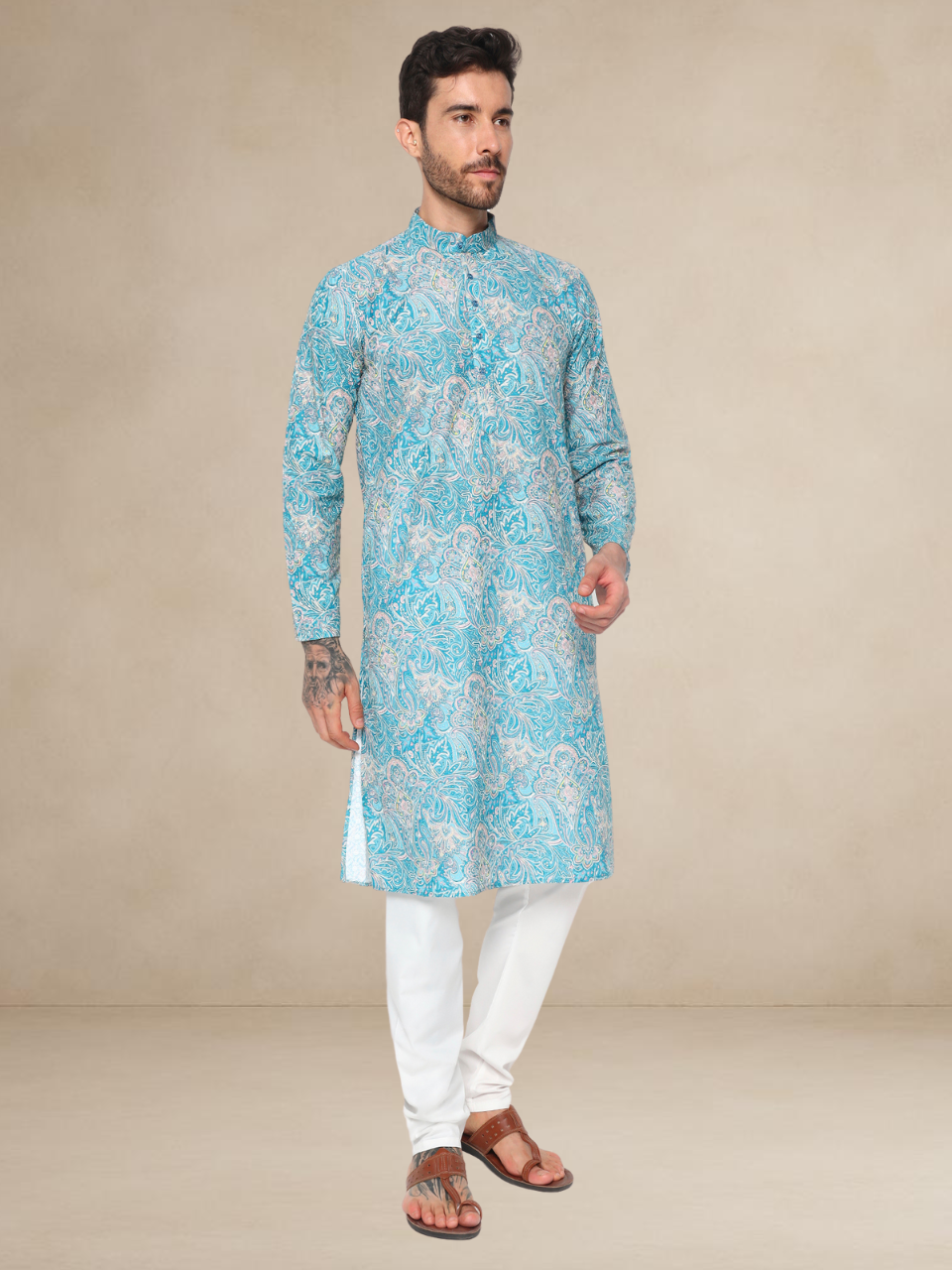 Floral Printed Kurta Pyjama Set Sky Blue
