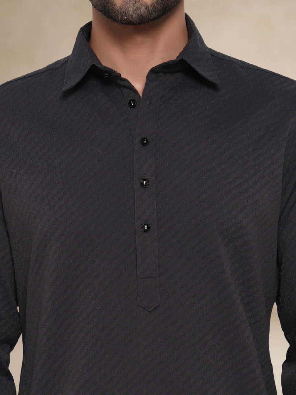 Charcoal Grey Textured Button-Up Pathani Suit