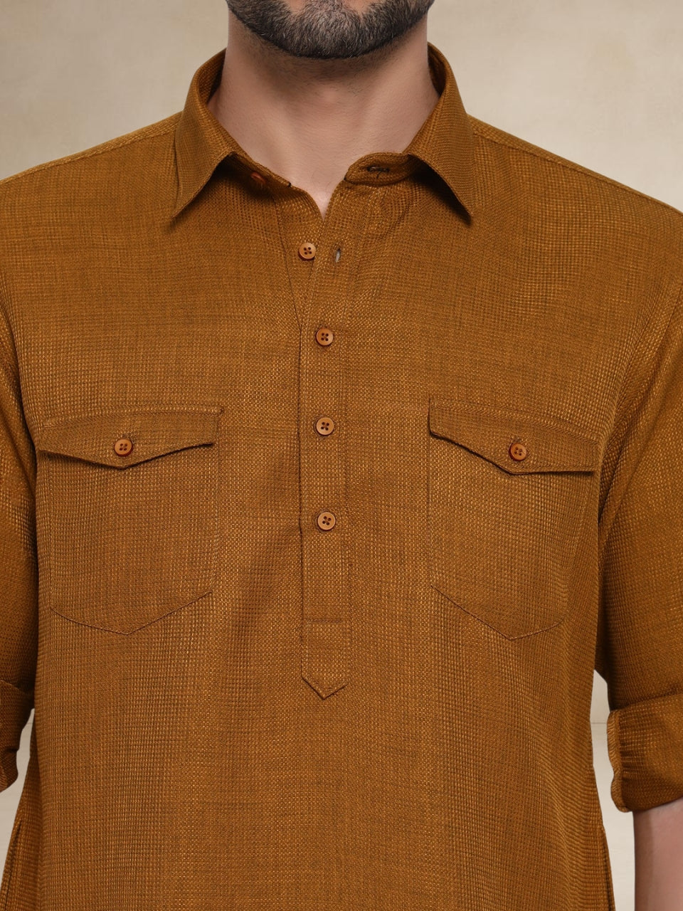 Textured Utility Pathani Suit Mustard