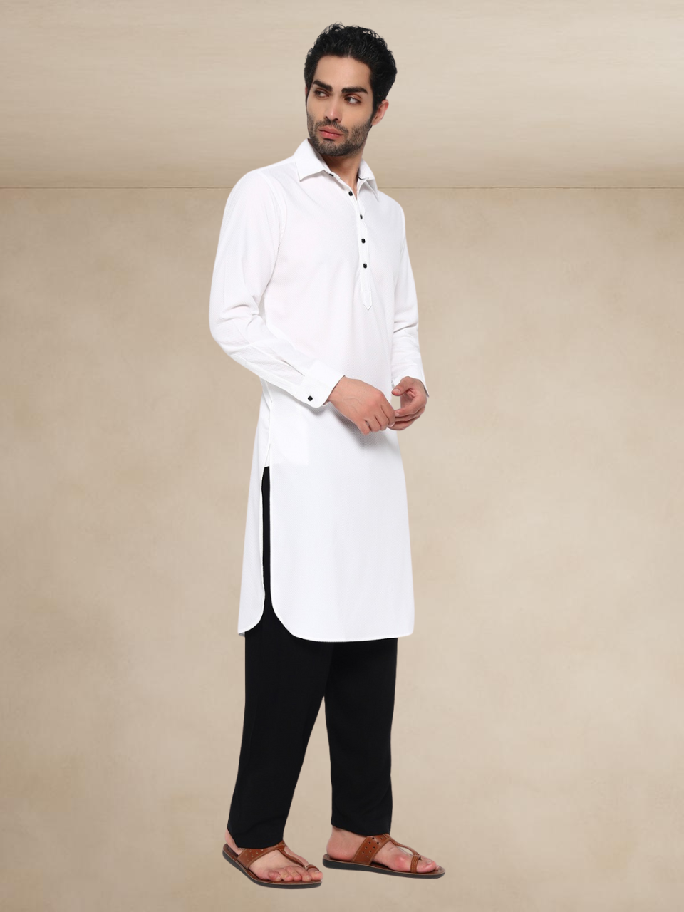 White Textured Button-Up Pathani Suit