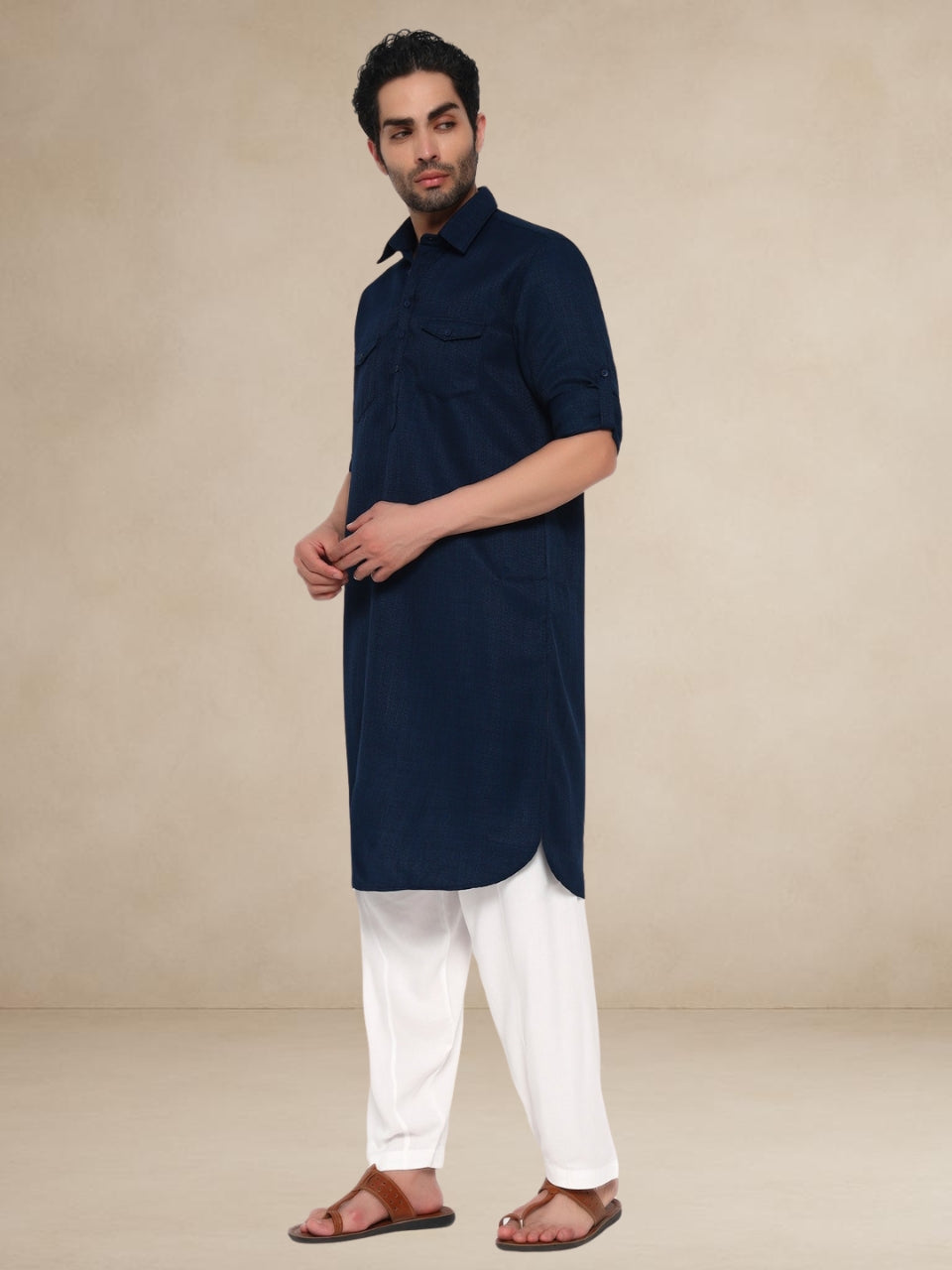 Navy Blue Textured Utility Pathani Suit