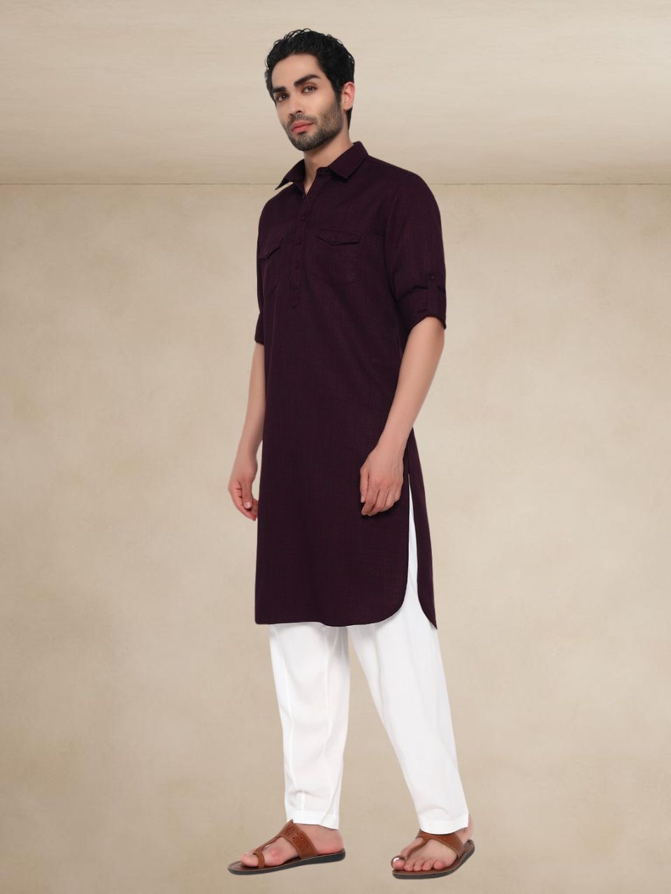 Textured Utility Pathani Suit Wine