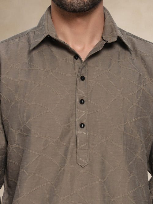 Taupe Abstract-Embroidered Popover Pathani Suit