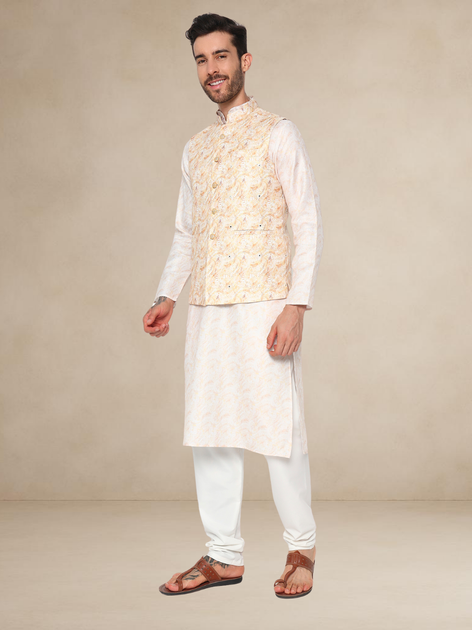 Ivory Kurta Pyjama with Mustard Nehru Jacket