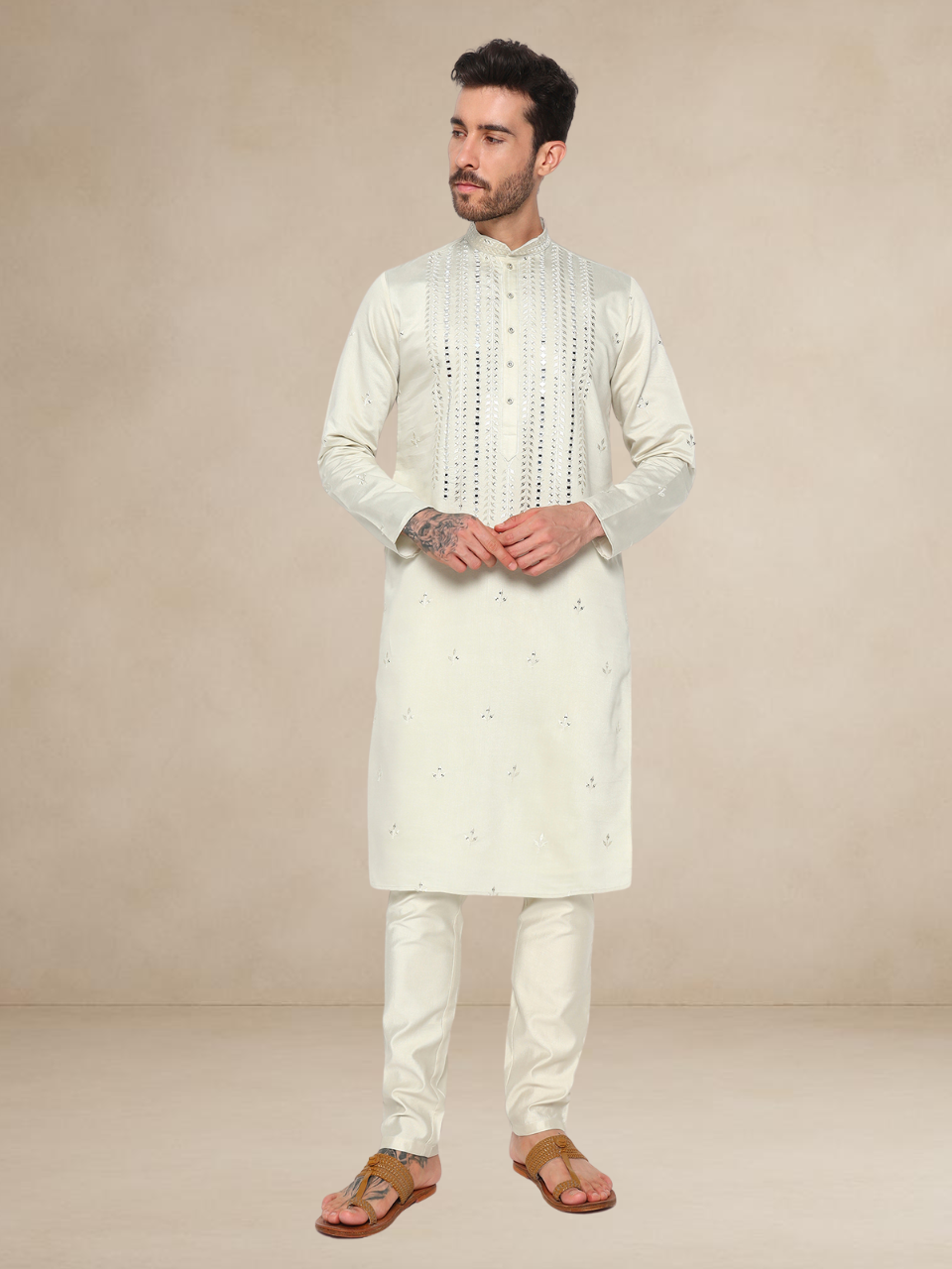 Embroidered Kurta Pyjama Set for Men Beige