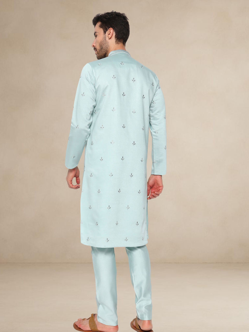 Embroidered Kurta Pyjama Set for Men Green