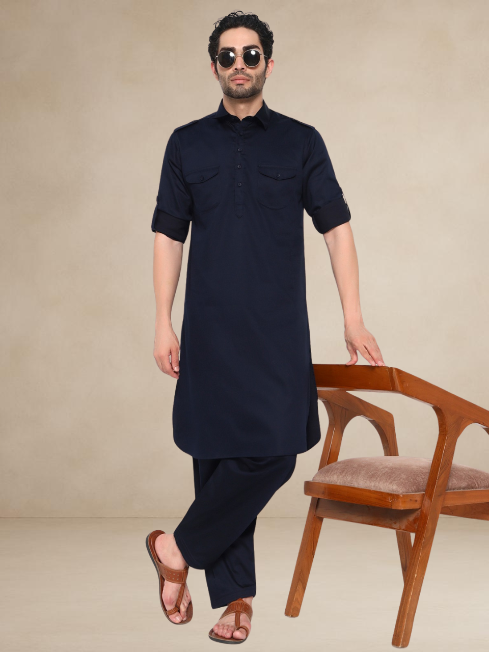 Navy Blue Military-Style Pathani Suit