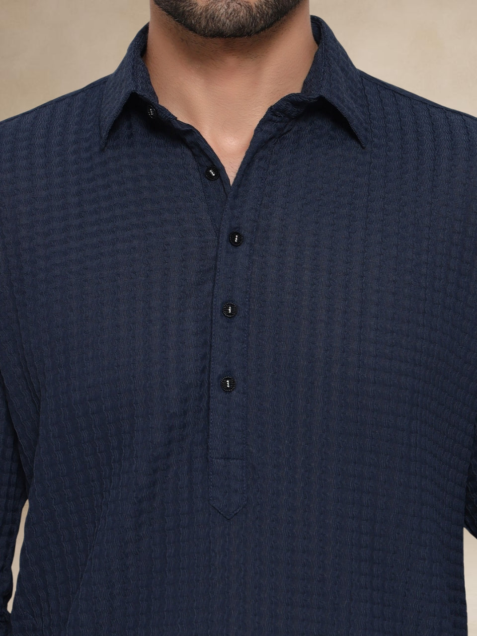 Navy Blue Waffle-Textured Popover Pathani Suit