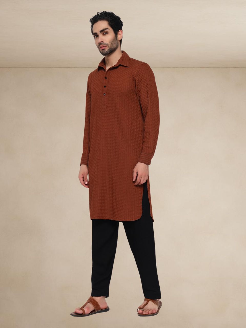 Rust Brown Waffle-Textured Popover Pathani Suit