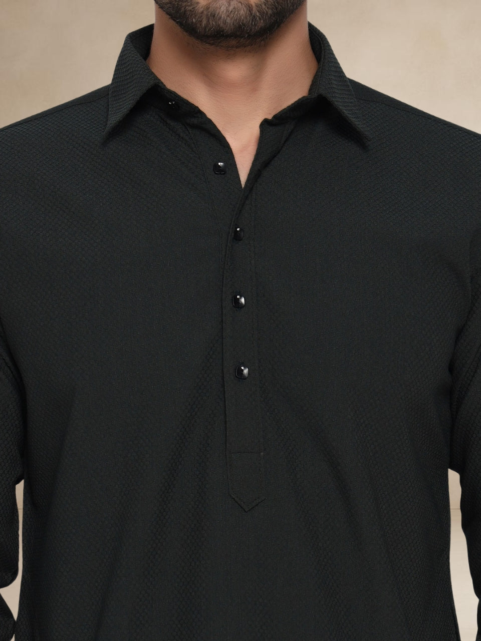Black Textured Button-Up Pathani Suit