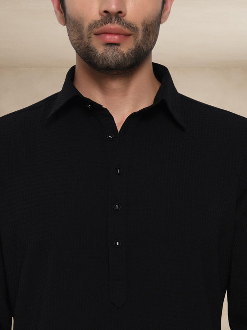 Plain Black Textured Button-Up Pathani Suit