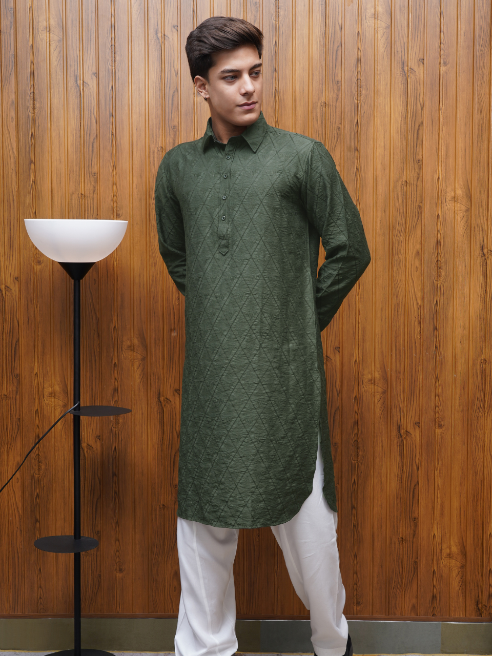 Bettino Men's Pathani Suit- Quilted Dark Green Quilted