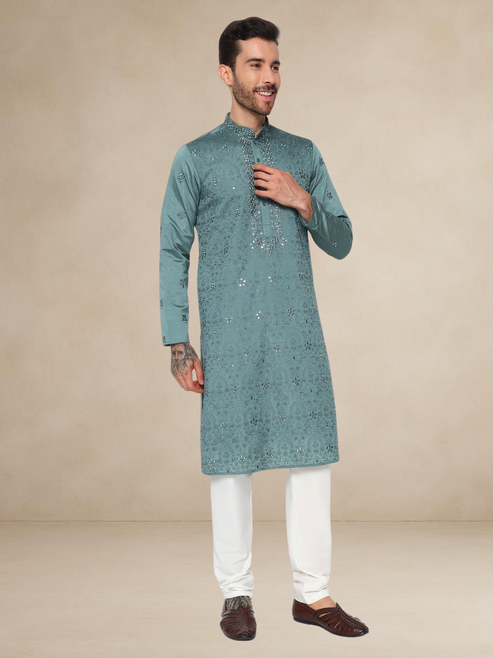 Pista Green Embroidered Kurta Pyjama Set for Men