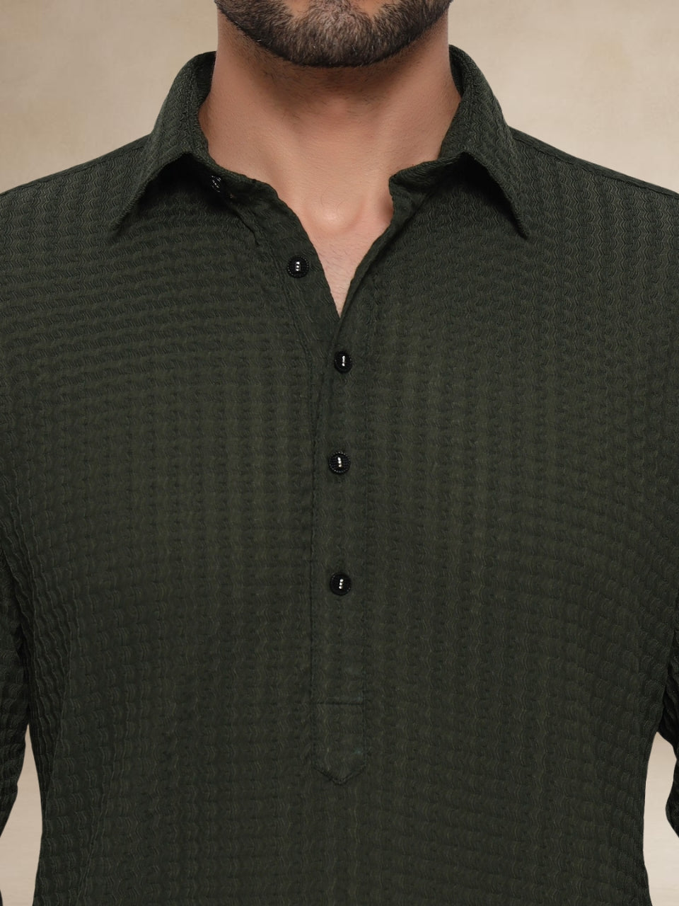 Olive Green Waffle-Textured Pathani Suit