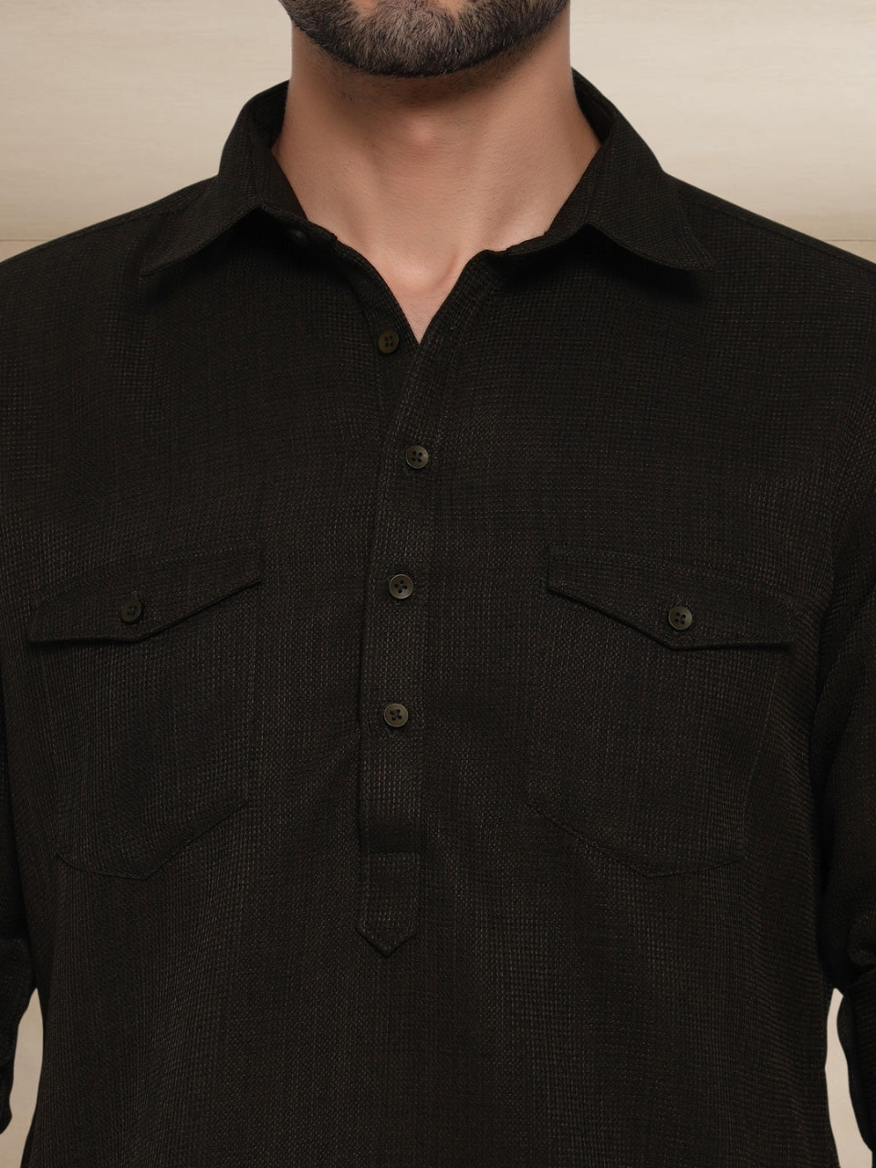 Textured Utility Pathani Suit Olive Brown