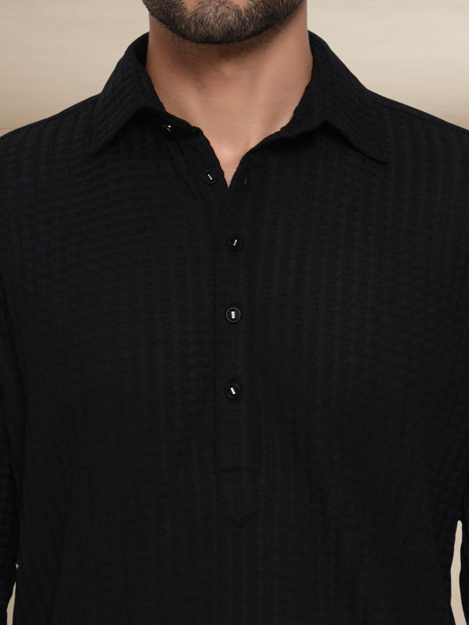 Black Waffle-Textured Button-Up Pathani Suit