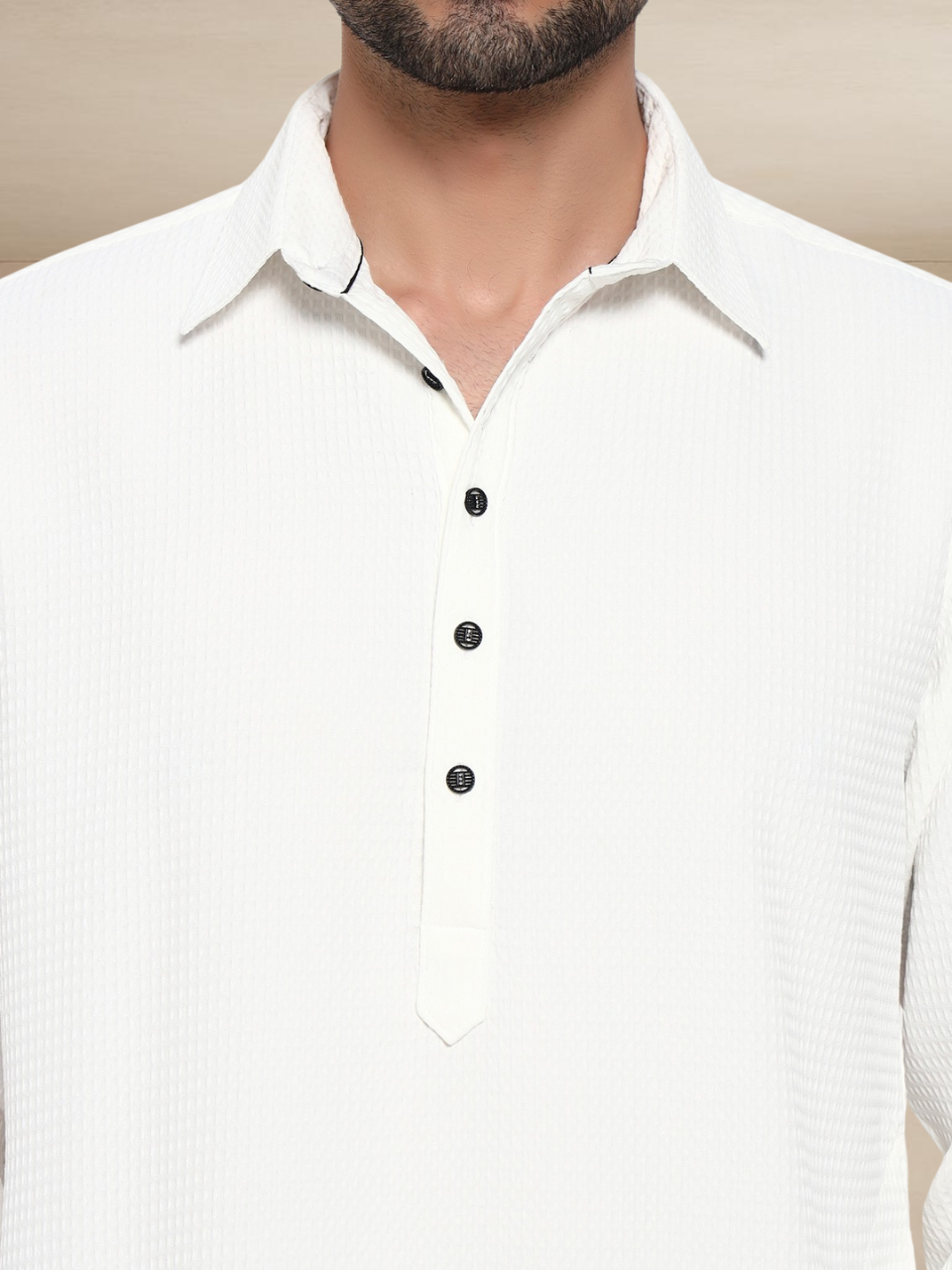 Plain White Textured Button-Up Pathani Suit