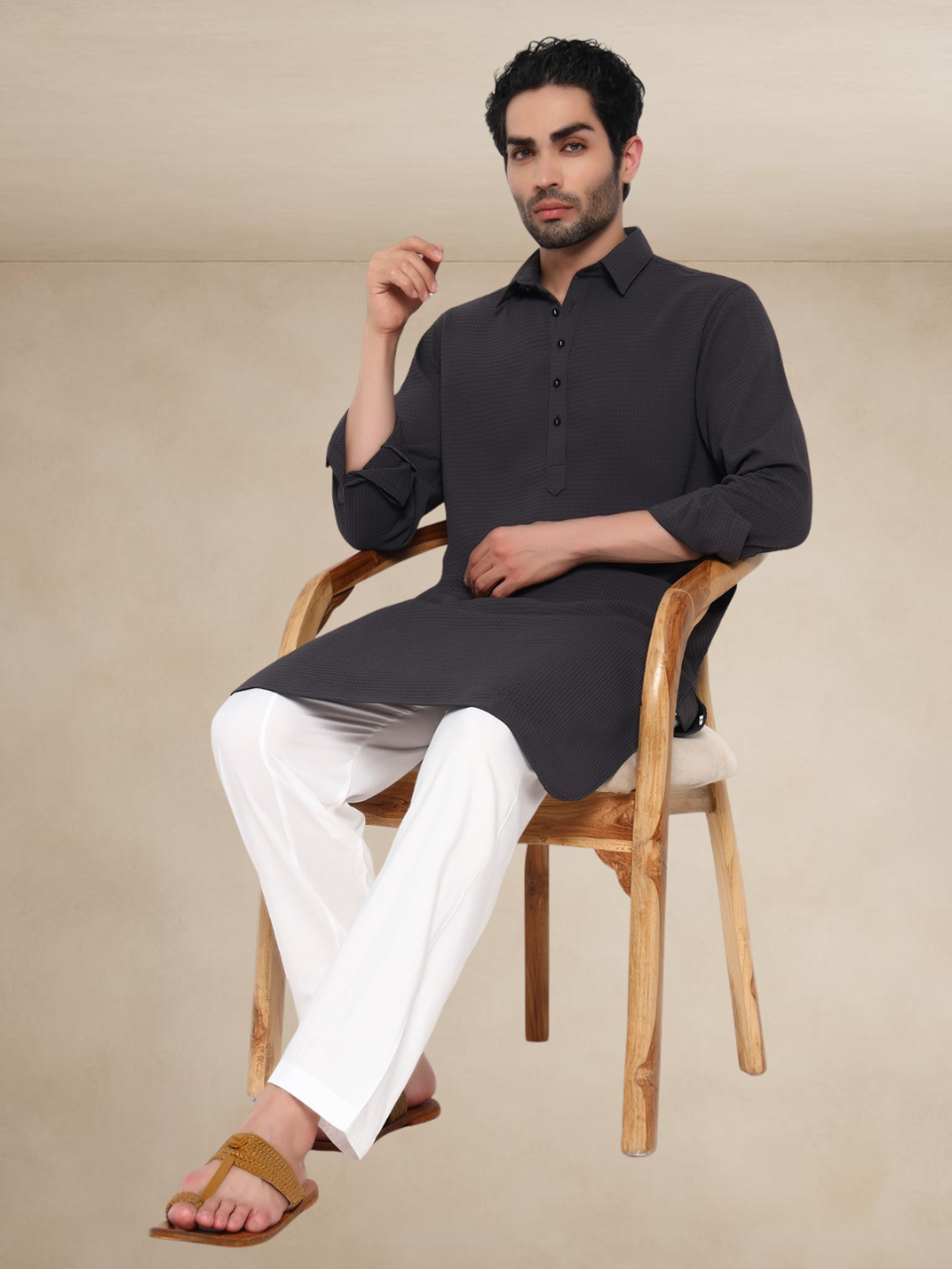 Plain Charcoal Grey Textured Button-Up Pathani Suit