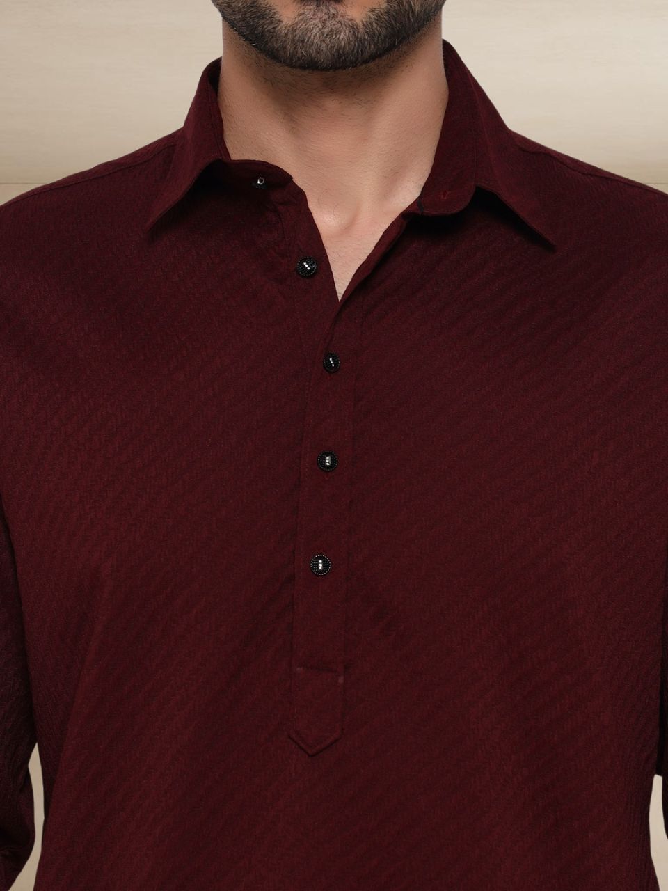 Burgundy Herringbone-Textured Popover Pathani Suit