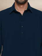 Teal Textured Button-Up Pathani Suit