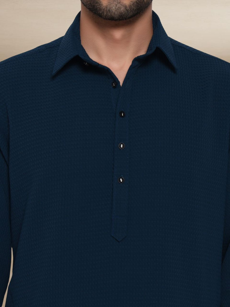 Teal Textured Button-Up Pathani Suit