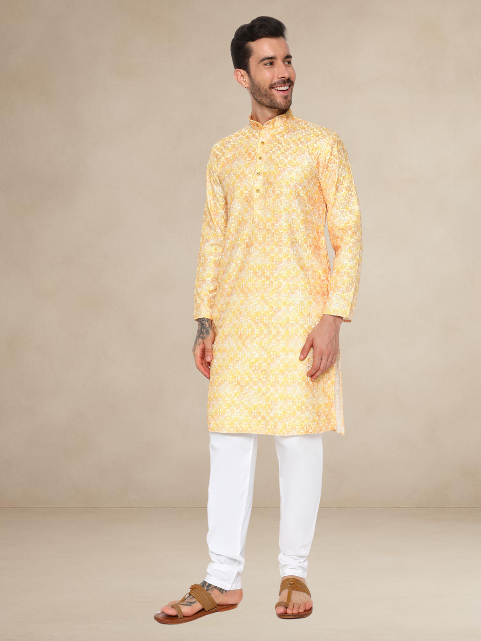 Printed Haldi Kurta Pyjama Set for Men Mustard