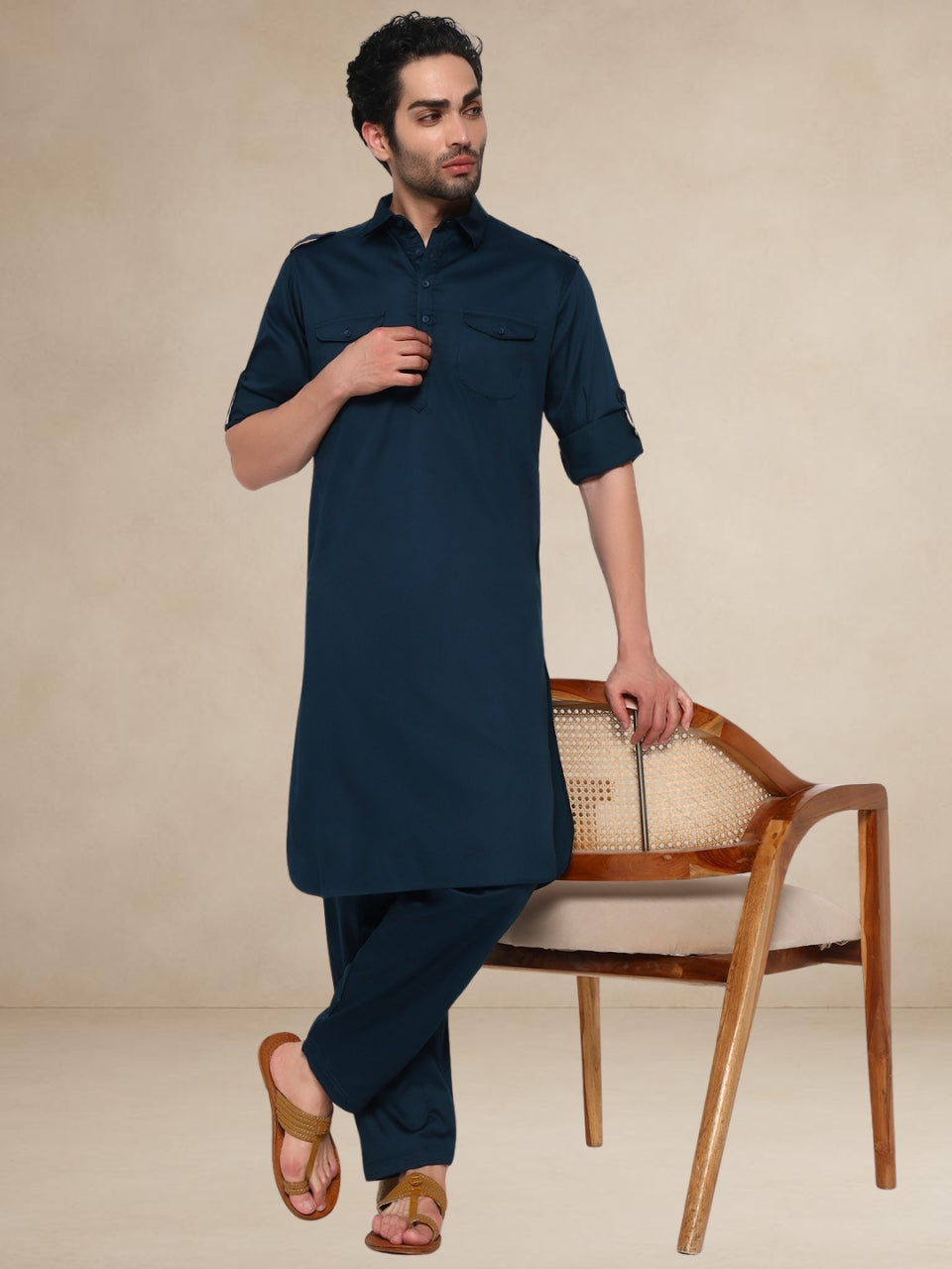 Military Style Pathani Suits Deep Sea Blue