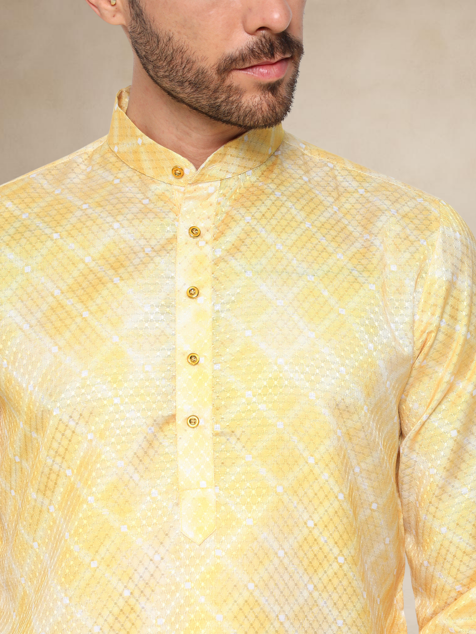 Printed Haldi Kurta Pyjama Set for Men Mustard 2XL